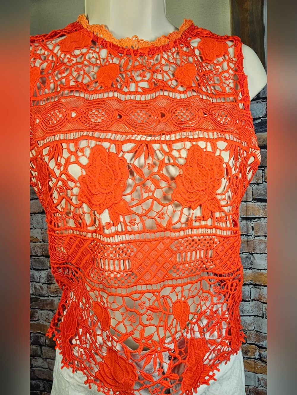 Soleblu Orange Crochet Lace Sleeveless Top Size Medium Boho Festival
